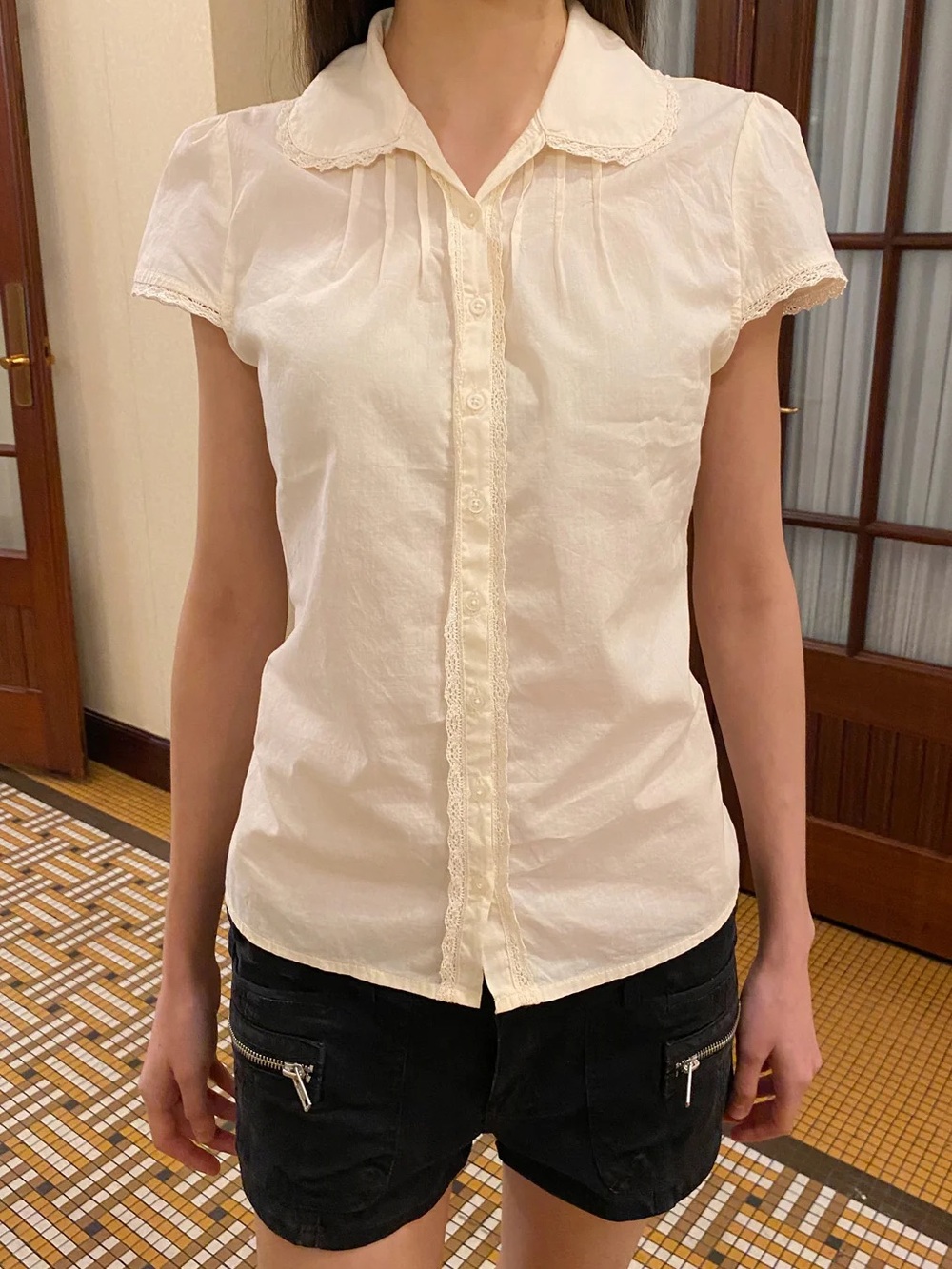 Brandy Melville Rue Button Up Top with Lace Trim